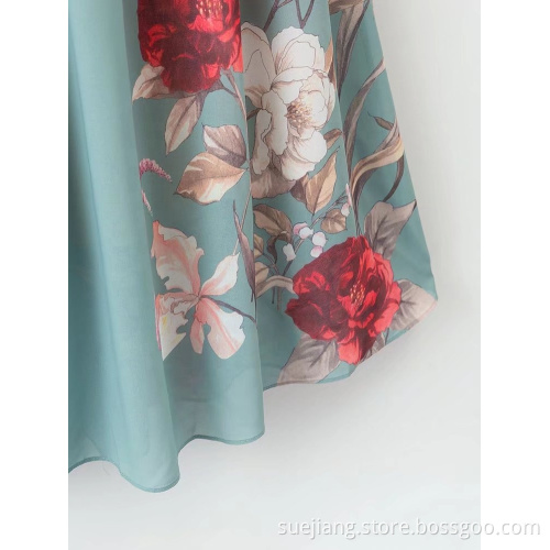 Chiffon Floral Flower Print Vertical Long Sleeve Dress